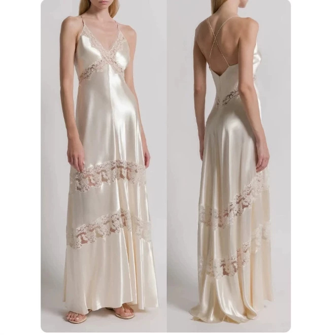 Noman's Bmang Floating Moonlight Satin Draped Spaghetti Strap Dress with Lace Splicing Long Skirt