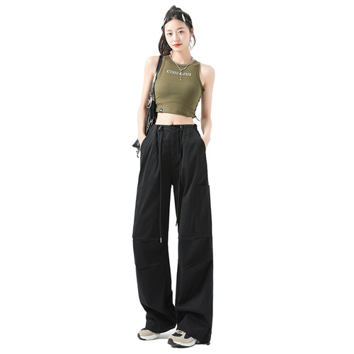 Women's Summer Thin High-Waisted Wide Leg Parachute Pants Workwear Cargo Pants Loose Fitting American Style Sporty Trousers