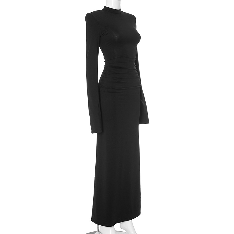 Women Clothing Sexy Slim Fit Solid Color round Neck Split Cuff Maxi Dress