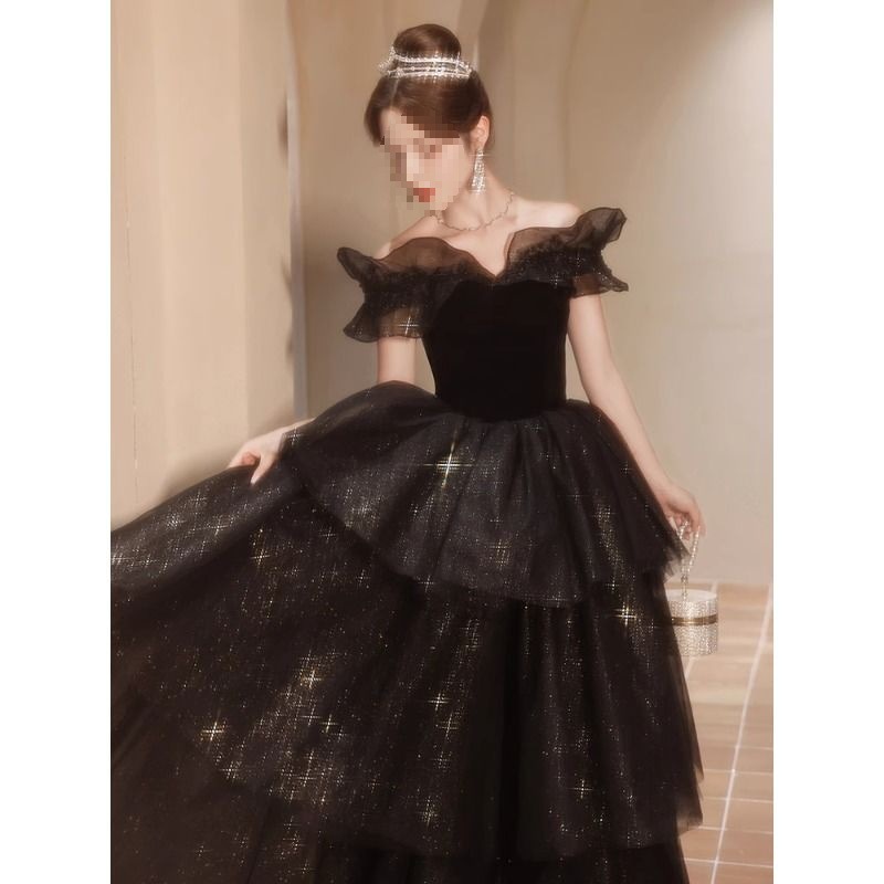 A3I Black Evening Dress for Women, High-End, Sexy, Slimming, Student Art Exam Performance Outfit, Host, Eighteen Years Old