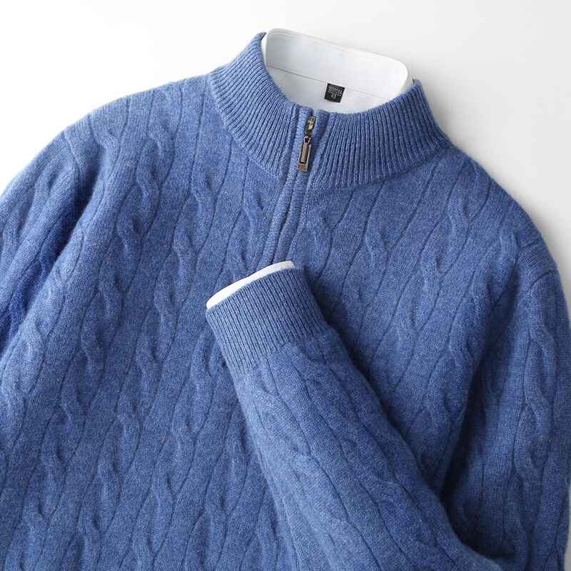 Cross-Border 100% Pure Wool Sweater Men's Half Turtleneck Pullover Zipper Autumn and Winter Thickeneded Twisted Cashmere Sweater Bottoming Shirt