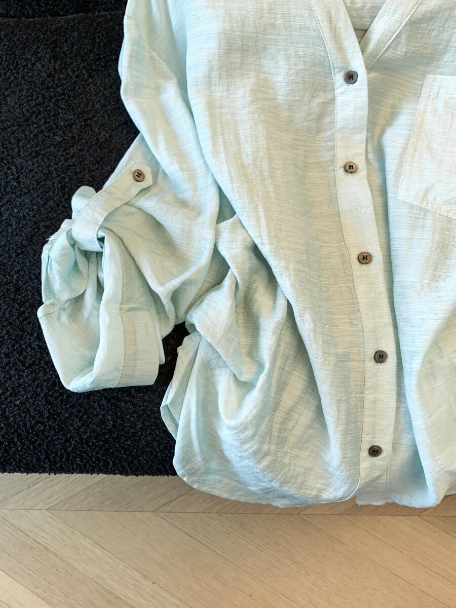 Áo sơ mi chống nắng nữ dài tay dáng rộng chất liệu linen thoáng mát — xanh lam chi tiết 8