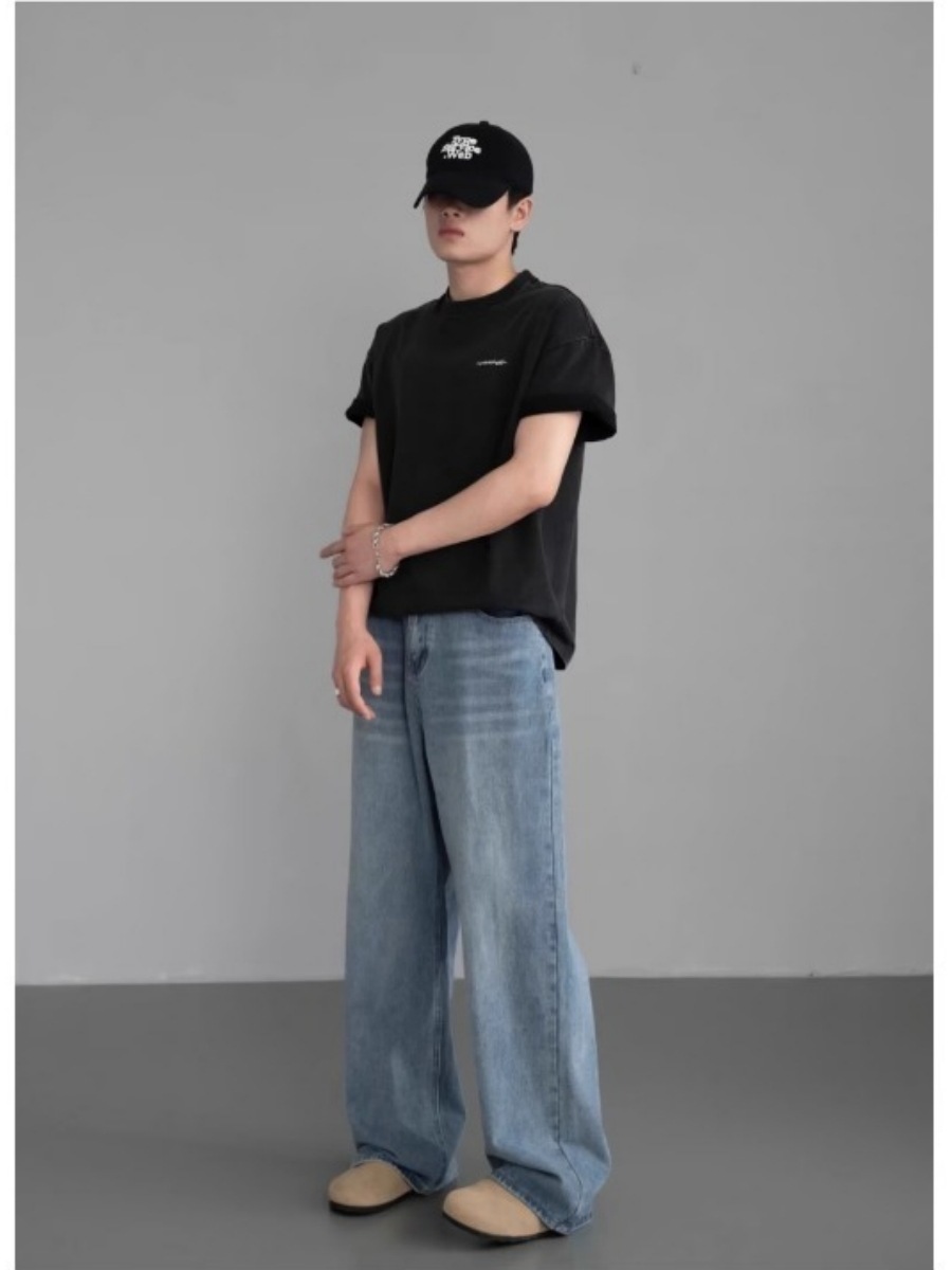 Vintage Wide-Leg Jeans for Men Relaxed Fit Distressed Denim Pants Washed Cotton Blend Mid-Rise Streetwear Staple_viptrois.com