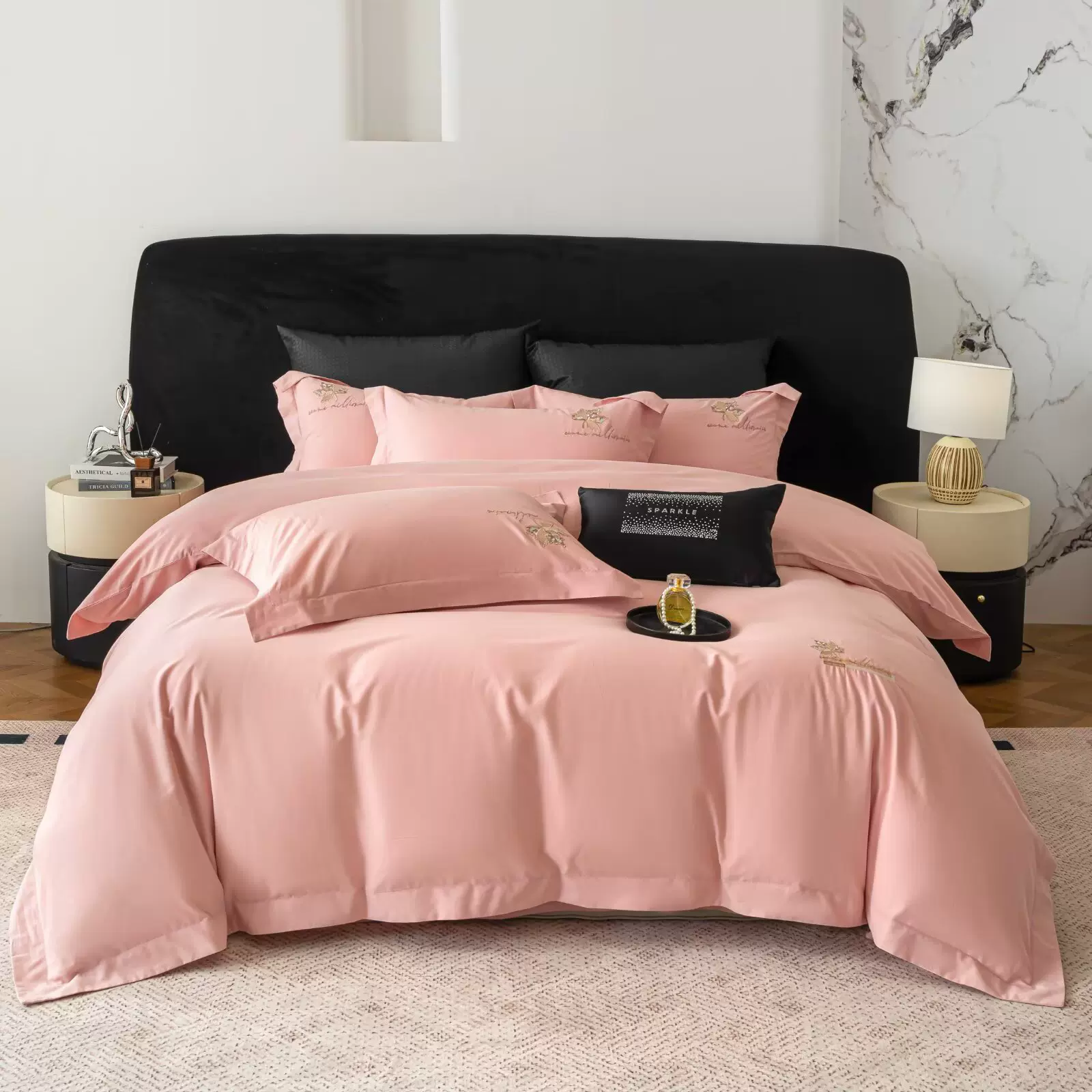 新款100支全棉磨毛四件套高级感简约纯色四季款纯棉被套绣花系列