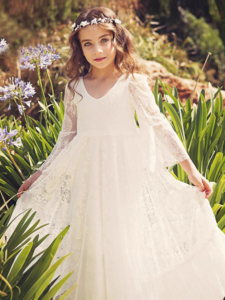 Suministro de comercio exterior nueva ropa para niños vestido de encaje de niña de flores manga larga cuello redondo mono de los niños vestido largo traje de acogida