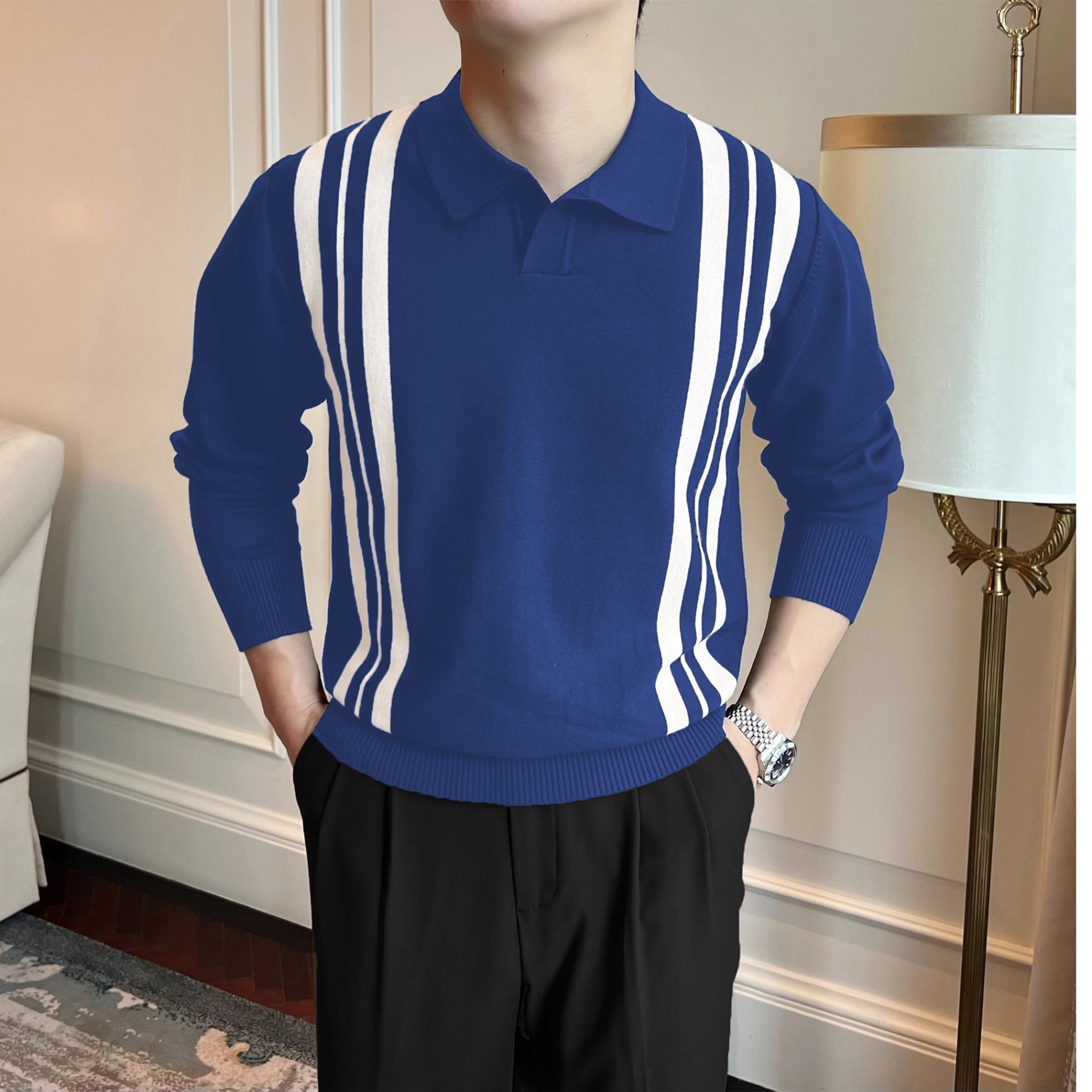 Primavera y otoño nuevo suéter hombre retrógrado a rayas británicas contraste delgado camisa de punto de negocios casual polo