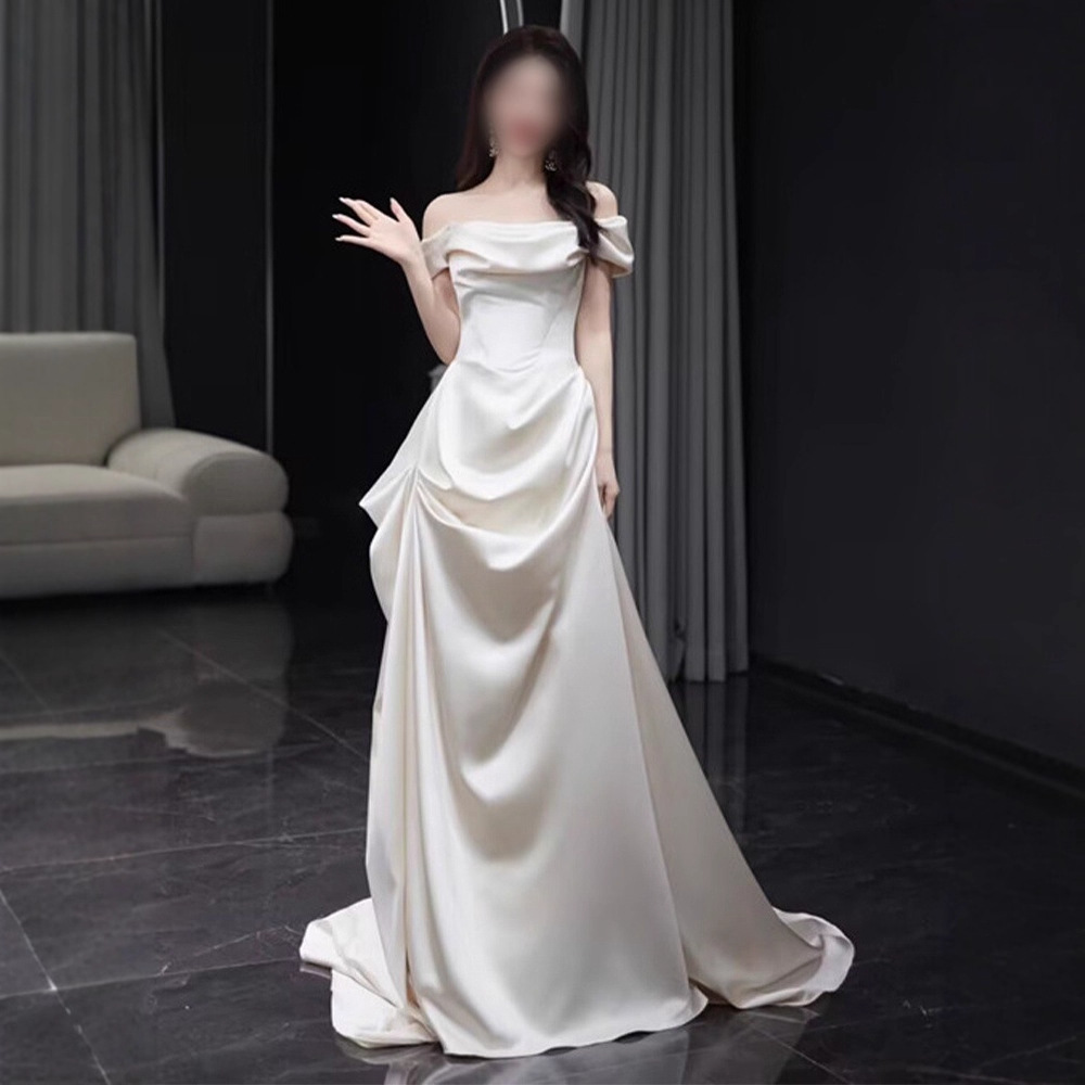 Vintage Off-Shoulder Train Light Wedding Dress, White Satin Engagement Reception Gown, French-Style Elegant Slim-Fit Dress