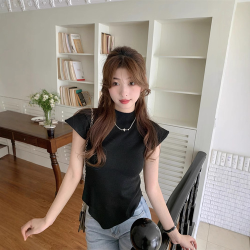 Little Fly Sleeve Stand Collar T-Shirt Women's Summer New Retro Slimming Irregular Knitted Underwear eBay 