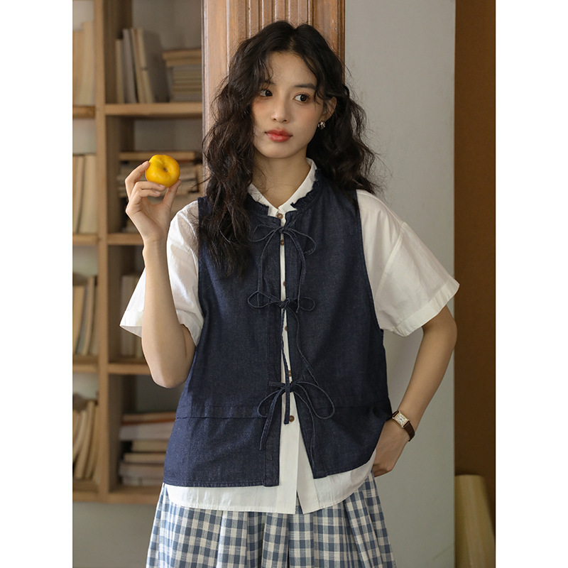 2025 Summer New Japanese-Style Retro Lace-Up Bow Design Heavy-Duty Denim Thin Vest Top for Women