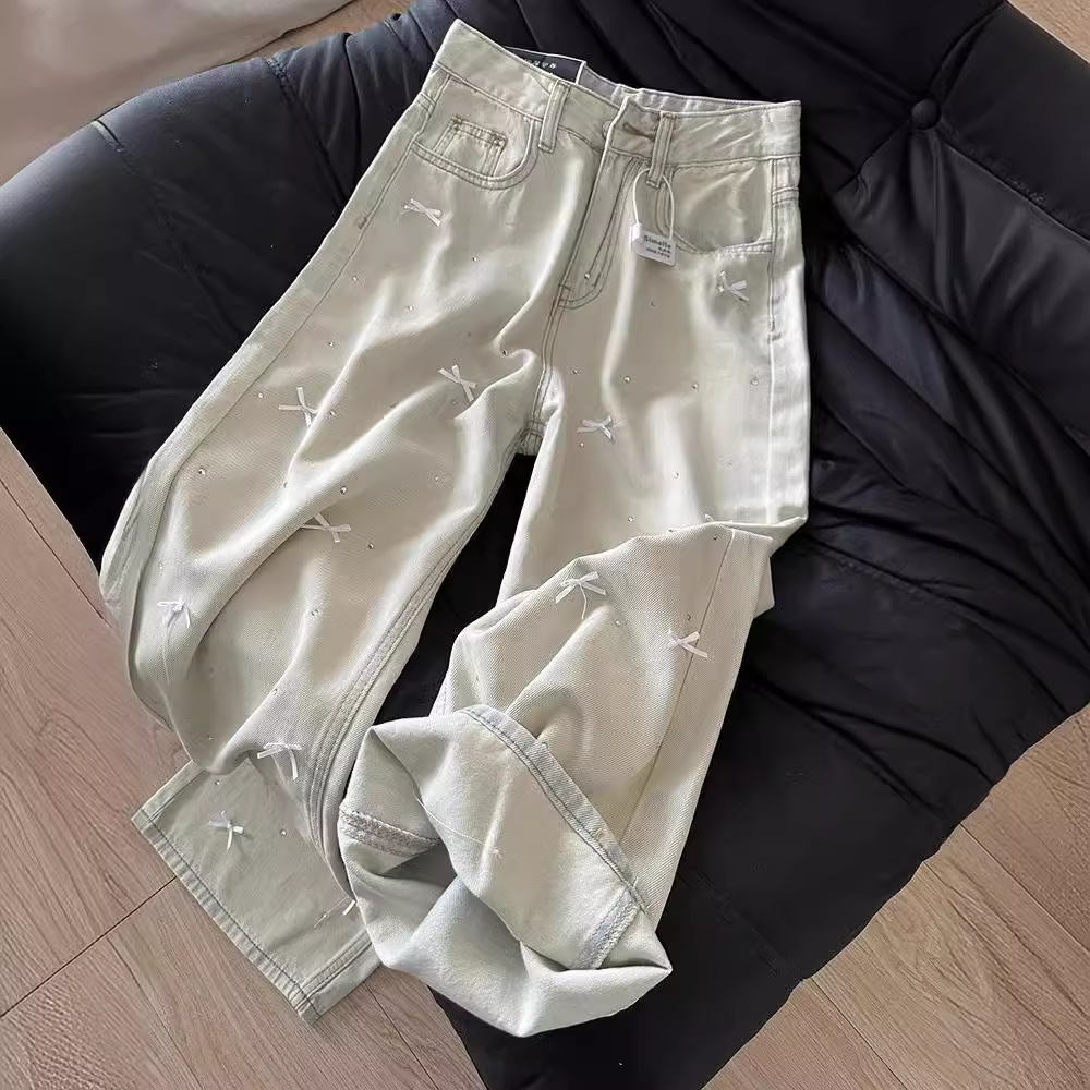 Three Dimensional Bow Design With Hot Diamonds, High Waist And Slim Light Blue Jeans, Washed Straight And Casual Mopping Trousers_ecoleips.com