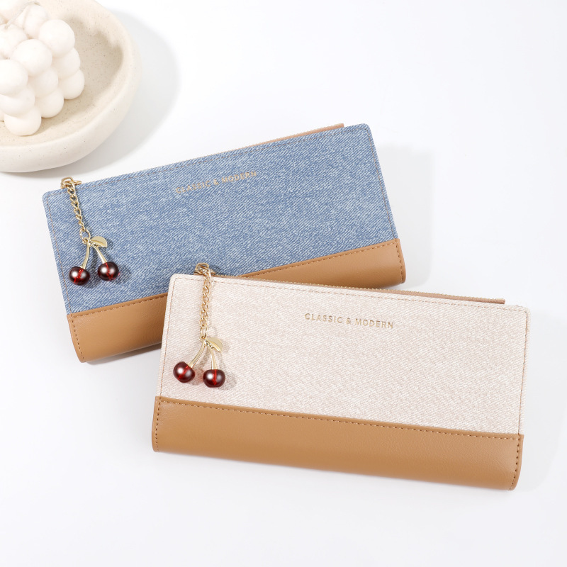 Lini'an Women's Long Wallet, Korean Style Cherry Pendant Zipper Coin Purse, Color-Block High-Value Women's Wallet Lini'an Women's Long Wallet, Korean Style Cherry Pendant Zipper Coin Purse, Color-Block High-Value Women's Wallet