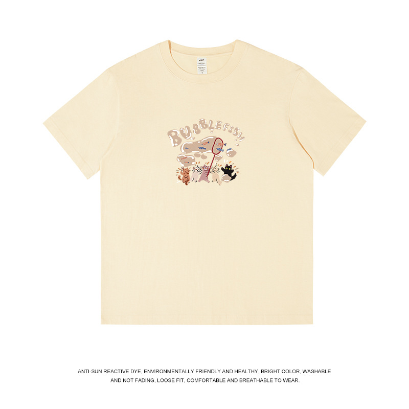 Camiseta de manga corta con estampado de burbujas de dibujos animados de estilo japonés para hombre, corte holgado, algodón puro, camiseta blanca para mujer, informal y versátil para verano. image 13