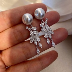 s925通体纯银正圆冷光施家珍珠满钻雀翎耳钉女精致小众氛围感耳饰