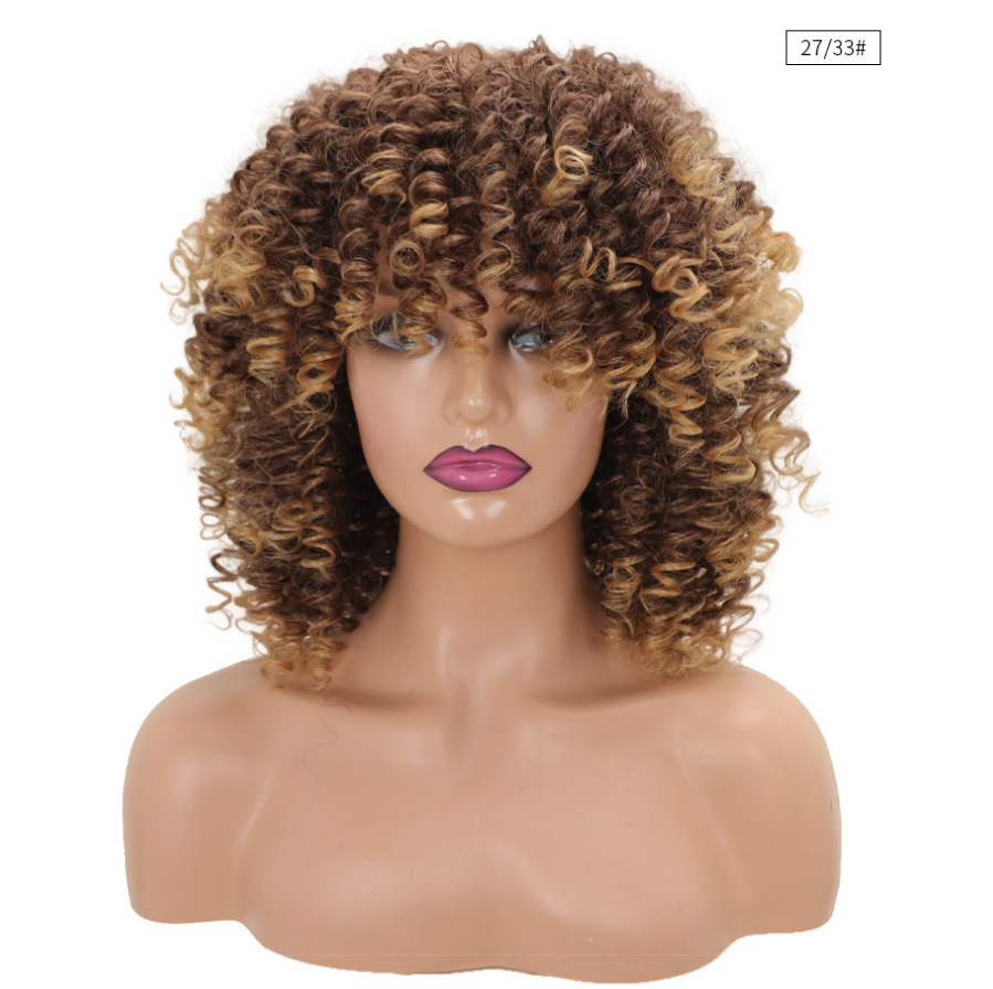 Peluca europea y americana transfronteriza peluca femenina fábrica al por mayor Africana pequeña cabeza de explosión de pelo rizado multicolor Peluca de fibra química cubierta de la cabeza completa