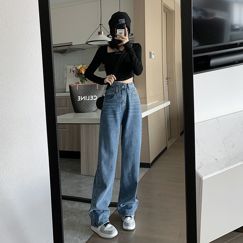 Blue wide leg jeans women's summer 2022 thin cross waist loose high waist straight tube mop design pants