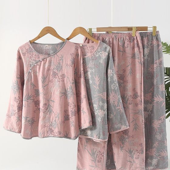Spring and Autumn Chinese Style National Style Pure Cotton Yarn-dyed Gauze Jacquard Women's Pajamas Long-sleeved Trousers Slant Placket Thin Home Clothes suit