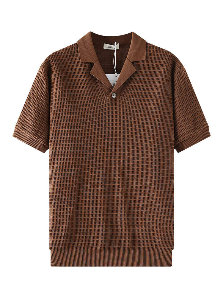 2026 nuevo viejo dinero hombre waffle polo camisa de punto hombre con solapa de manga corta de alto nivel de negocios casual hombre
