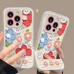 花朵兔子適用iPhone15pro手機殼蘋果11隱形14支架13軟12防摔全包x