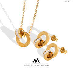 European and American personality trend Roman diamond double hoop earrings necklace titanium steel jewelry set plated with 18K real gold and does not fade