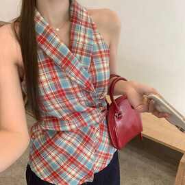 多巴胺穿搭格子吊带背心女夏装不规则独特别致纯欲甜辣妹无袖上衣