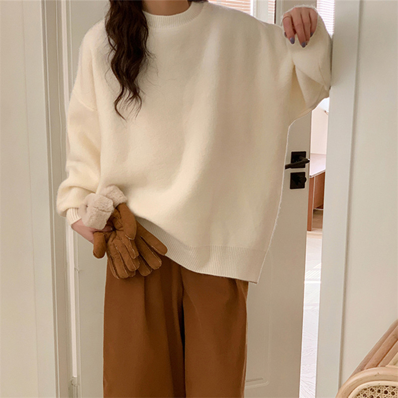 Coreano casual retro color sólido suéter de cuello redondo para mujeres otoño y invierno nuevo estilo de vestir suelta camisa de punto de estilo portugués