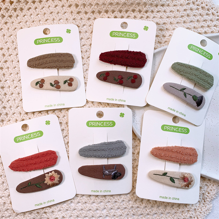 新款兒童布藝刺繡花朵髮夾可愛女孩碎發BB夾水滴對夾寶寶劉海邊夾