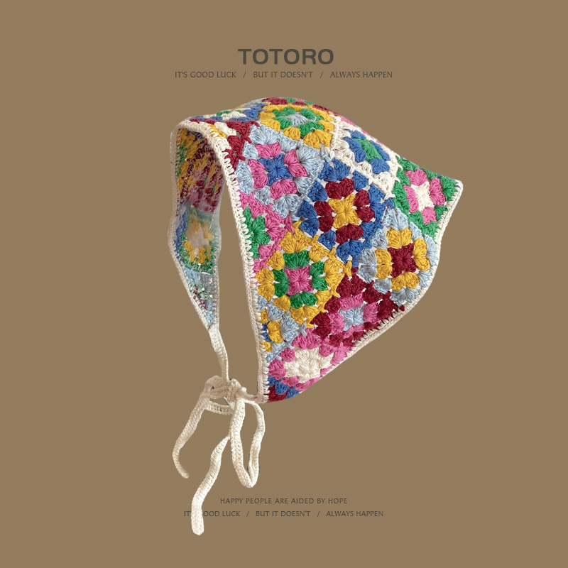 Francia cereza toallas triangulares mujeres primavera y otoño viajes padres-hijos gancho de punto flores hueco pañuelo de arte correa de pelo gorro