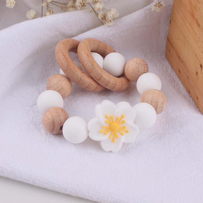Temu Shein pulsera de mordedor de madera de haya para recién nacidos transfronterizos de grado alimenticio de silicona ecológica flor molar juguete