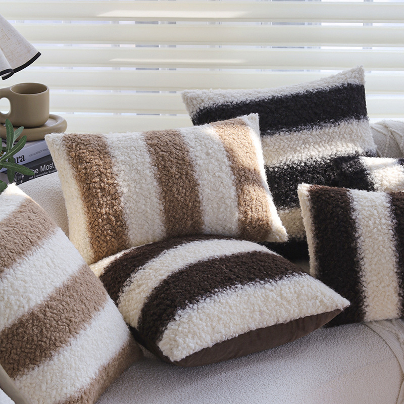 Cross-border Striped Pillow Case Living Room Sofa Pillow Lamb Velvet Pillow Case Homestay Hotel Model Room Soft Decoration