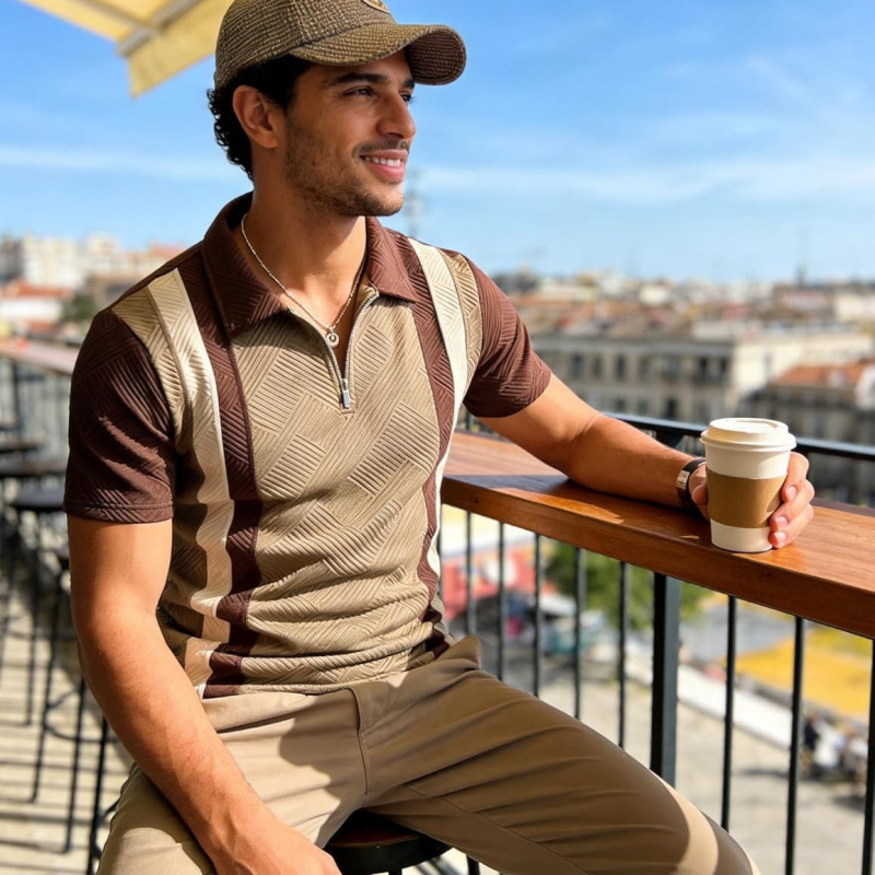 Factory direct men's color-blocked vertical stripe printed Polo shirt, new summer style, half-zip textured short-sleeve top