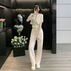 夏の女性向けXiaoxiangfengカジュアルスーツ、ハイエンド、気質、セレブ、ストリートファッション、ワイドレッグパンツ2点セット