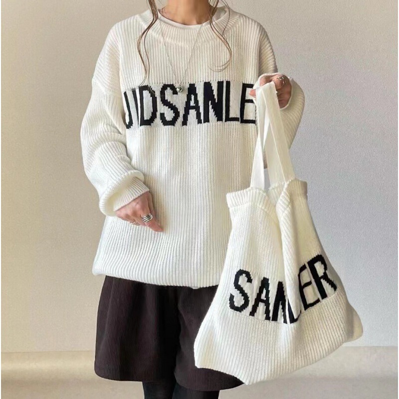 2025 New Japanese-Style Cross-Border Autumn and Winter New Loose Lazy Style Letter Round Neck Knitted Pullover Sweater for Women with Free Bag