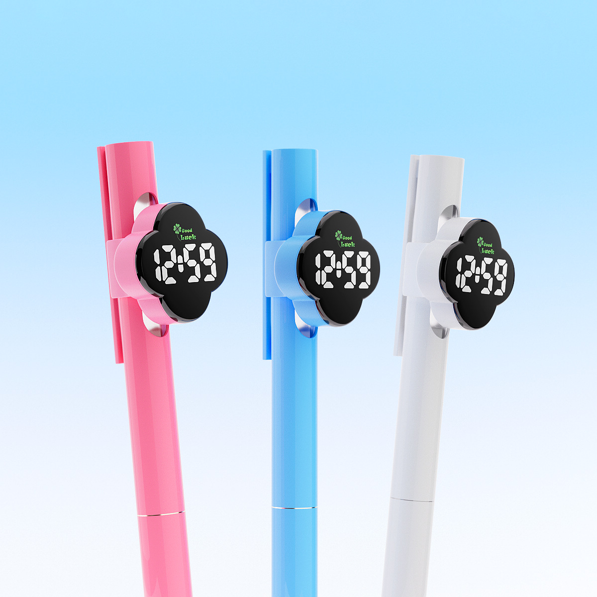 新款四叶草笔套时钟学生考试静音电子表圆珠笔帽上课看时创意笔表