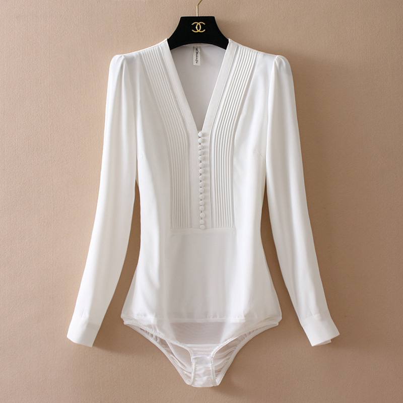 V-neck fashion cloth bag buckle temperament OL exquisite chiffon shirt white long sleeve one-piece shirt crotch women's anti-light