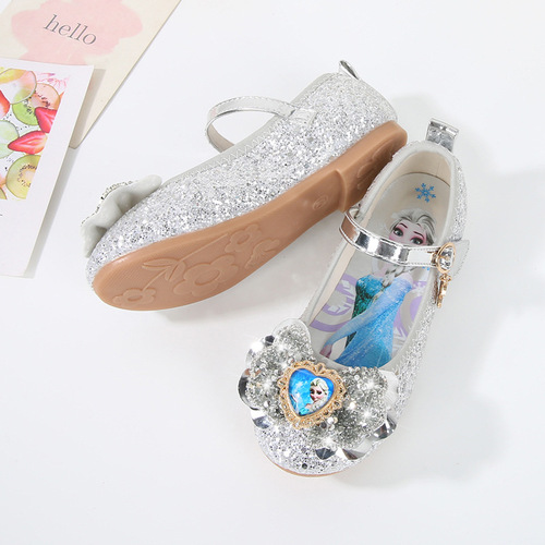 Frozen Girls Princess Shoes  New Sequin Bow Elsa Princess Women's Shoes Buckle Flat Shoes Trendy