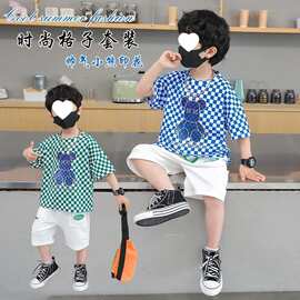 男童夏装短袖套装2026儿童小熊韩版格子夏季棋盘格两件套时髦童装