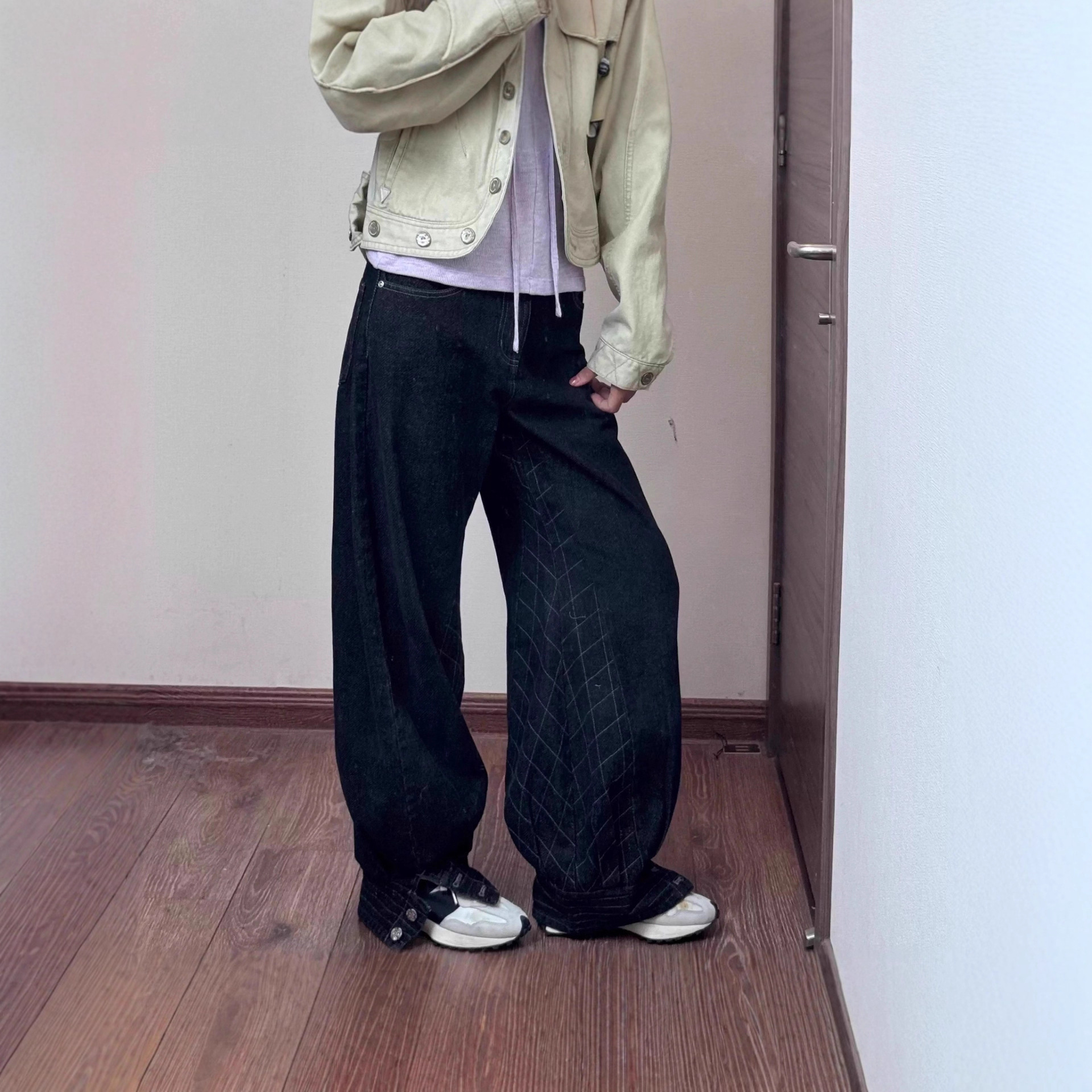 【现货 】复古绗线灯笼阔腿牛仔裤黑灰色25秋冬新款休闲时尚长裤