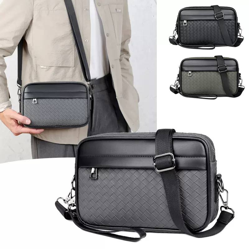 跨境男士新款手拿包斜挎包通勤百搭编织格子休闲包批发户外单肩包