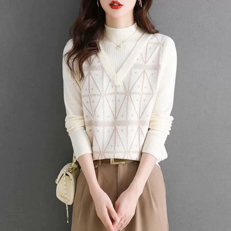 2024 осень и зима новая мода поддельные два трикотажные свитера с половинным вырезом