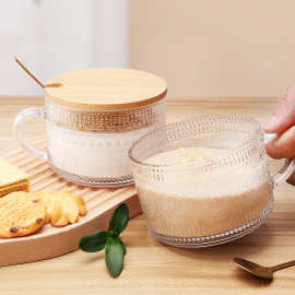 亚马逊跨境代发家用透明浮雕酸奶杯创意新款带把玻璃早餐杯燕麦杯