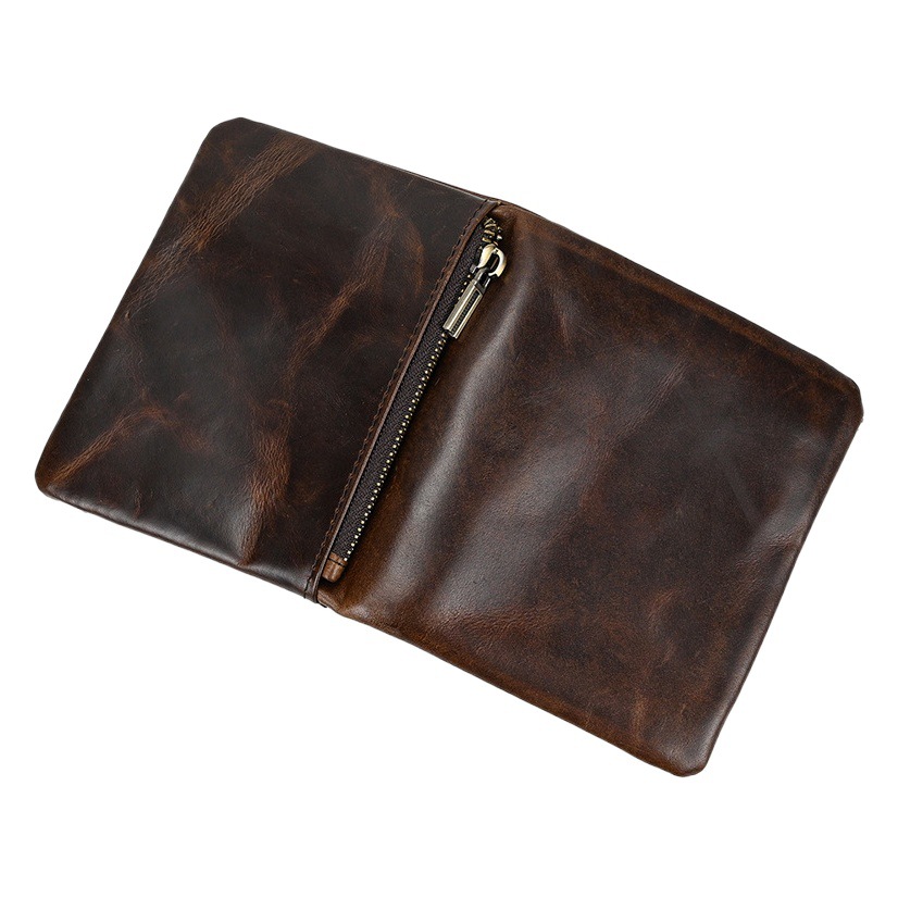 Genuine Leather Short Wallet, Premium Oil Leather for Men and Women, 80% off Compartments, Cowhide, Multiple Card Slots, Coin Pocket, Zipper Style, Short Style