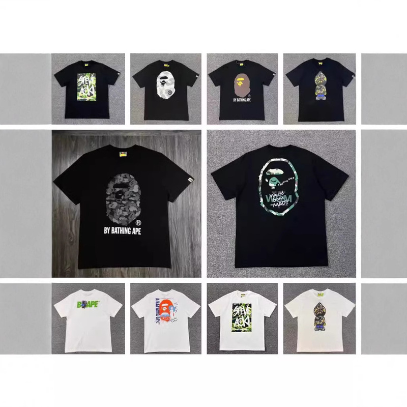High Version Bape Ape Head Tshir Letter Printed Short-Sleeved T-Shirt Loose Round Neck Casual Versatile Same Style for Men and Women