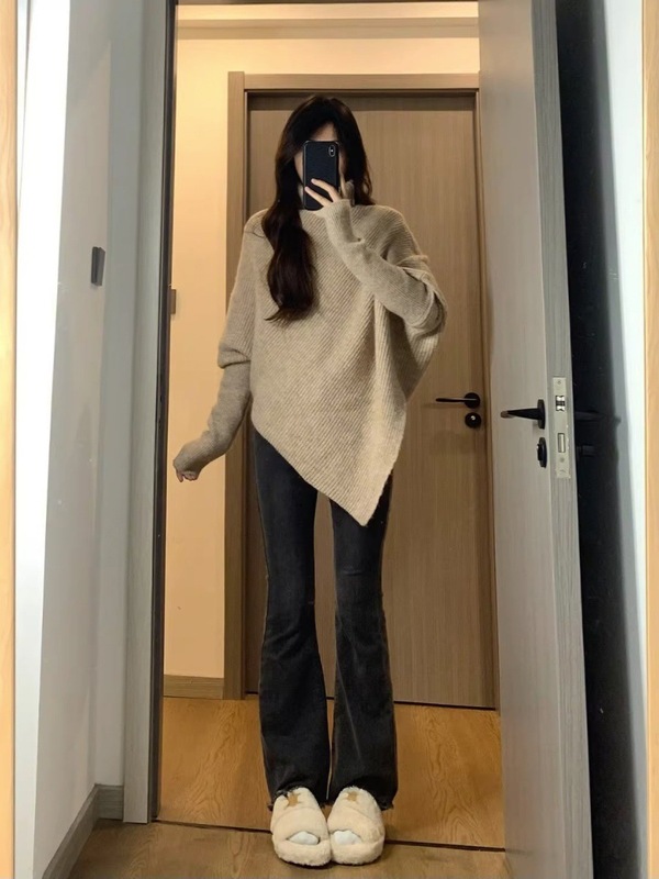 高领不规则小众设计感毛衣女秋冬韩版宽松慵懒风软糯针织上衣加厚|undefined