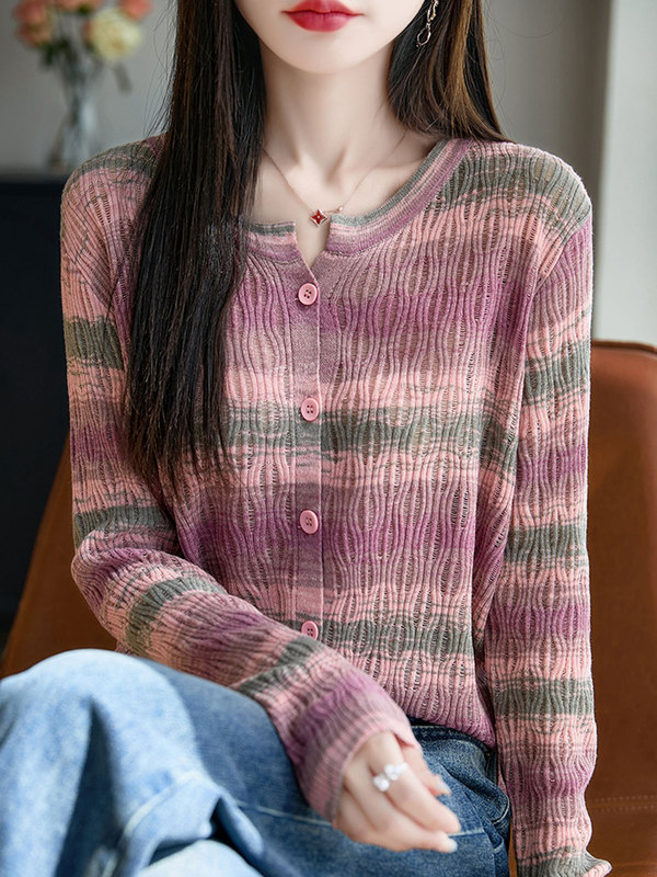 【厂家直供】时尚条纹圆领针织开衫外套女秋季薄款外搭毛衣针织衫|undefined