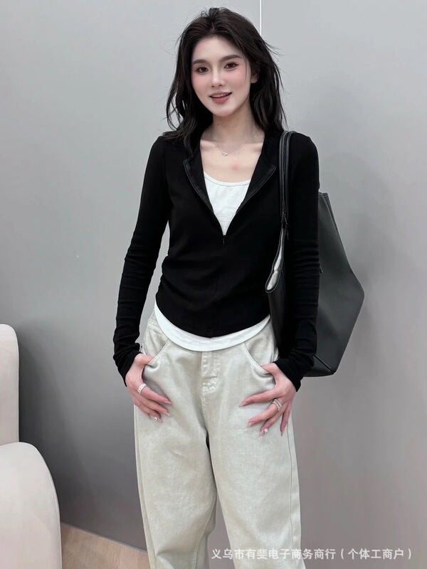 2025新款秋冬拉链假两件拼色上衣修身显瘦外穿外套女时尚百搭长袖|undefined