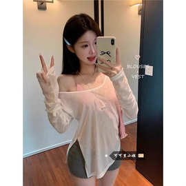 白色微透防晒长袖T恤女夏季韩系慵懒宽松空调衫别致开叉罩衫上衣