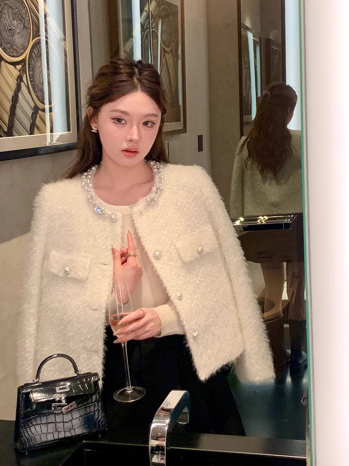 Áo khoác nữ dáng cardigan dày cổ tròn viền ngọc trai phong cách thanh lịch — Kiểu dáng thông thường màu trắng ngọc trai, Kiểu chần bông màu trắng ngọc trai chi tiết 5