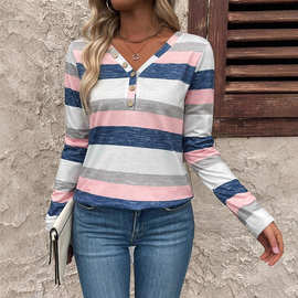 亚马逊欧美2025秋季新款长袖V领条纹女式T恤上衣跨境女装现货