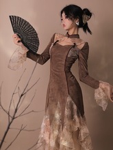 春秋新款感麂皮绒与网纱的碰撞改良旗袍气质连衣裙女潮