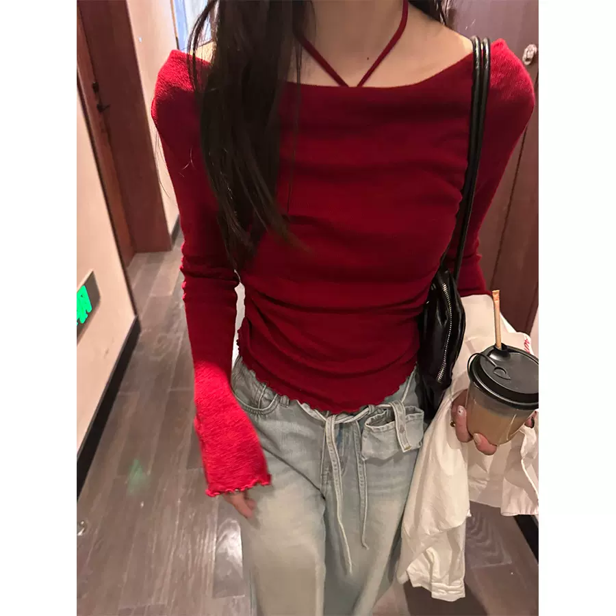 广州黄峥纯欲风设计感洋气时尚挂脖毛针织衫女秋季显瘦软糯530048